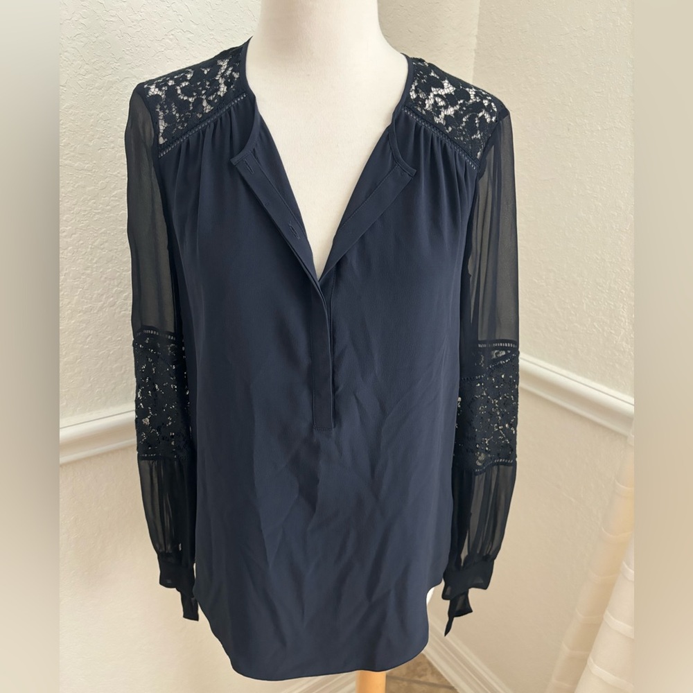 Rebecca Taylor Navy Blue Silk and Lace Blouse Size 2